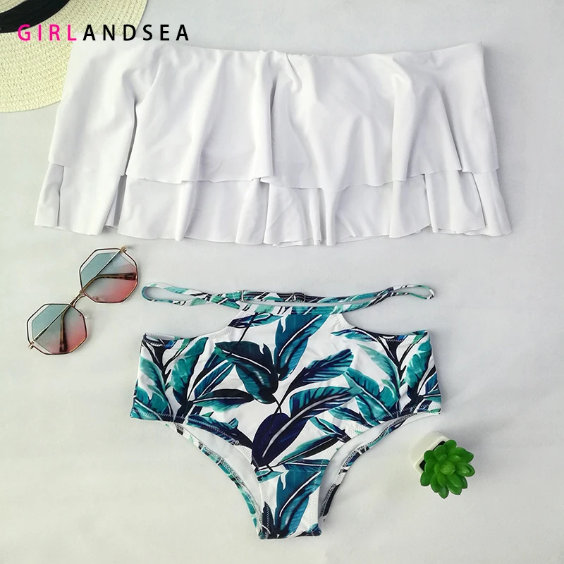 

GIRLANDSEA New 2019 High-waisted Printed Bikini Set Solid Swimsuit