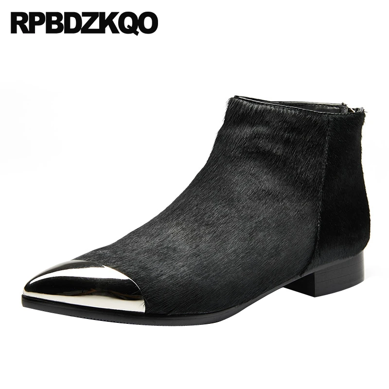 Black Booties Boots Fur Flat Metal Autumn Pointed Toe High Quality Winter Horsehair Short Fall Designer Shoes Women Luxury 2021 | Обувь