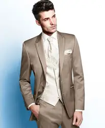 Последние конструкции пальто брюки коричневый Атлас узор Для мужчин костюм Slim Fit 3 предмета смокинг на заказ итальянская жениха