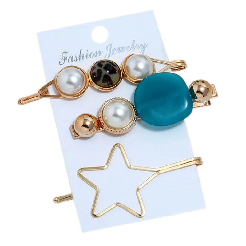 

3Pcs/Set Korean Sweet Girls Metallic Geometric Hair Clip Candy Color Acetate Imitation Pearl Hairpin Hollow Star Beaded Barrette