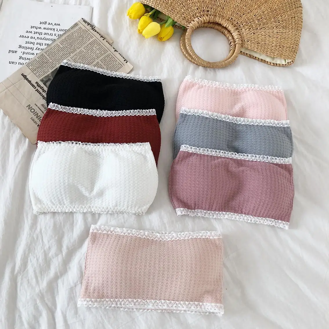 

Summer Girls Strapless Bra Women's Patchwork Lace Wrap Tube Top Bandeau Cropped Tanks Tops For Women 2019