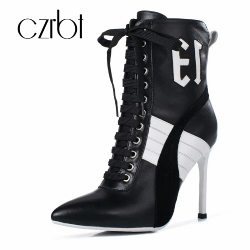 

czrbt 2018 New pointed toe high heel ankle boots women genuine leather high heels motorcycle boots women autumn winter shoes