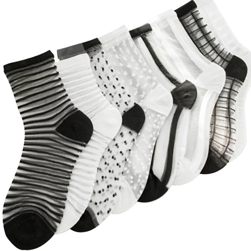 

2 Pairs/lot Women's Socks Comfortable Sheer Silk Summer Ankle Transparent Crystal Lace Black White Ladies Socks Calcetines Girls