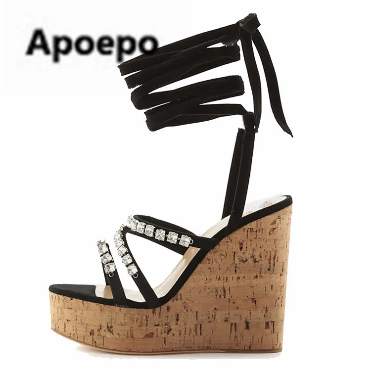 

Newest platform sandals crystal Wood texture ankle strap gladiator sandals lace up wedges shoes summer high heels sandals girls