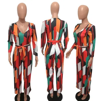 

Colorful Print Striped Loose Jumpsuit Sashes Women Long Sleeve V-Neck Party Bodysuits African Lace-Up Casual Rompers