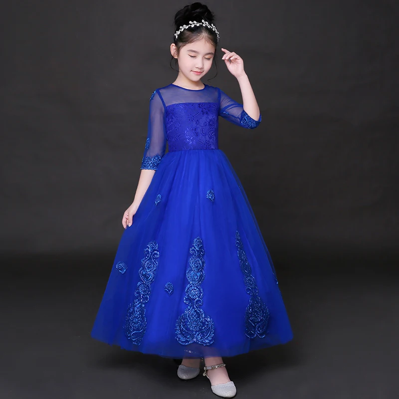 

2-15Years Royal Blue Flower Girls Dress Floor Length Children Evening Party Gown Appliques Ball Gown Kids Communion Dress A142