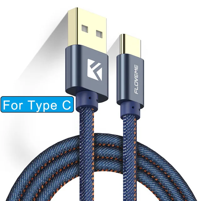 FLOVEME 2 м Micro USB кабель C type-C зарядное устройство передачи данных джинсовые кабели для мобильных телефонов для iPhone 6 samsung huawei зарядный кабель - Цвет: Type C Blue