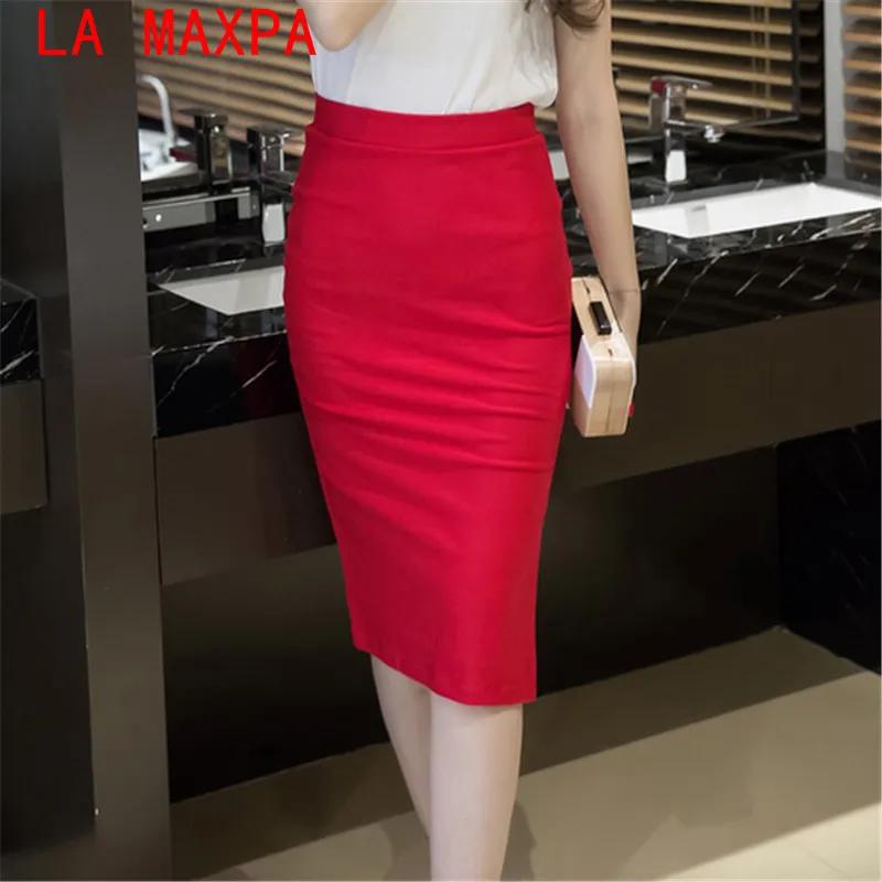 

Plus Size Pencil Skirt Women 2019 new Bodycon High Waist Knee-length Skirt Open Slit Elegant Ladies Office Skirts Black Red