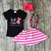 Nouvelle arrivée d’été noir rayé bébé Filles Troll cheveux ne pas soins jupe tenues coton robe ensemble boutique accessoires assortis