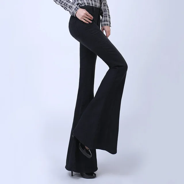 Женские Облегающие расклешенные джинсы с широкими штанинами, джинсовые штаны для женщин, сексуальные черные джинсы с завышенной талией, Taille Haute Femme - Цвет: Черный