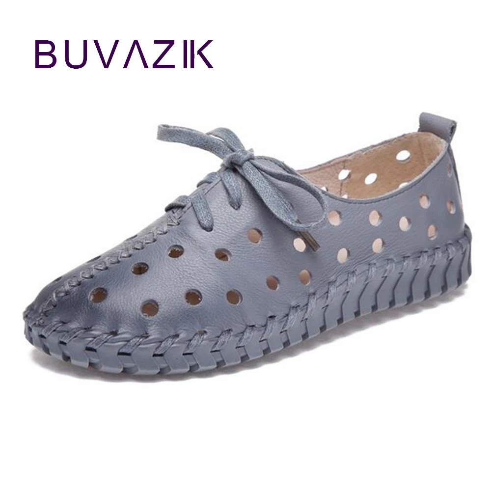 

2018 new cowhide pure hand-stitched soft bottom leather shoes women hole round flat with breathable