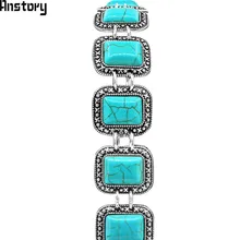 Продолговатый Синий Камень Браслет для Для женщин Винтаж Античная Посеребренная Модные украшения TB114