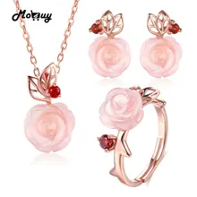 MoBuy Pink Flower 100 925 Sterling Silver Jewelry Sets For Women Natural Gemstone Rose Quartz Wedding