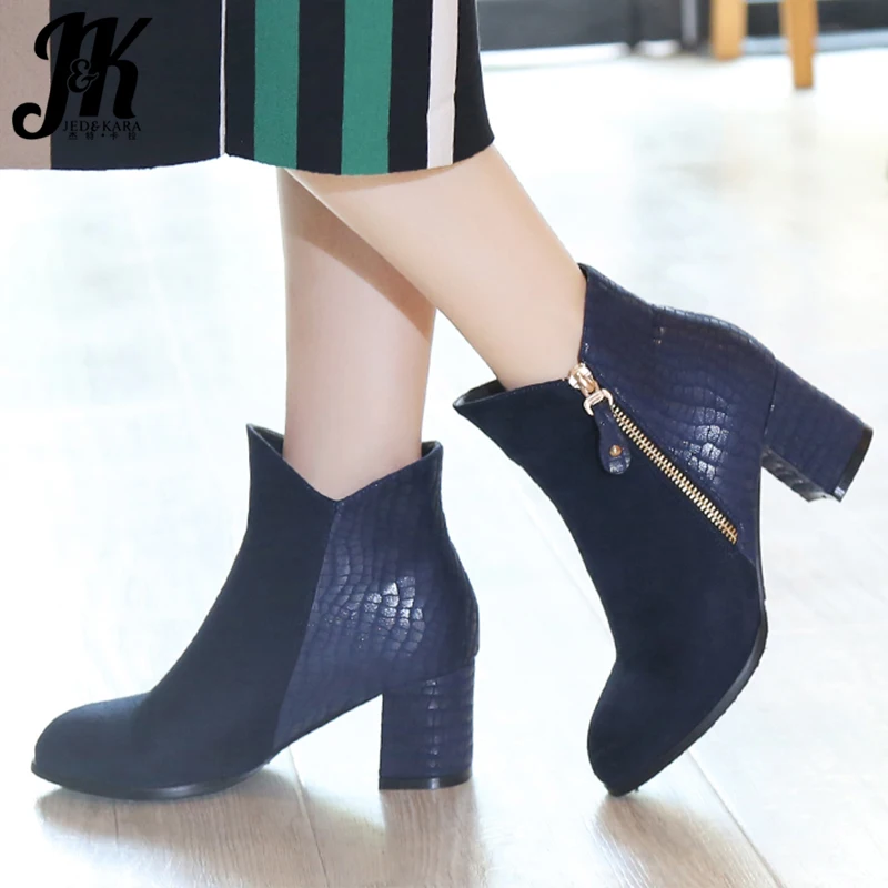 

JK Emboss Pu High Heels Thick Boots Women Round Toe Boot Ladies Zip Flock Shoes Female Party Shoes Winter 2019 New Blue