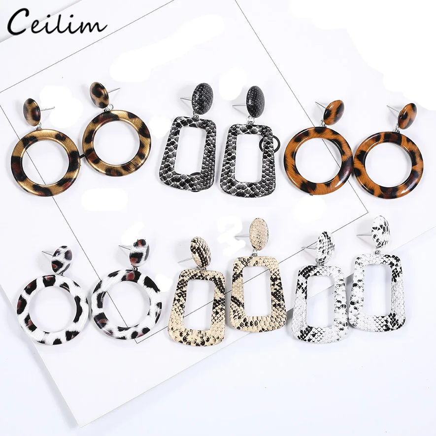 

Maxi Imitation Snake Print Earring for Women Big Geometric Square Round Leather Dangle Drop Earrings 2019 New Statement Jewelry