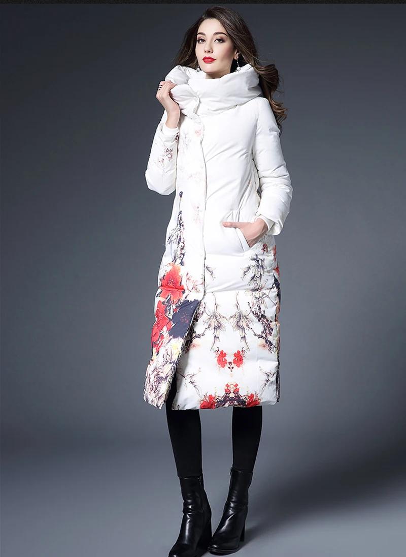 Женская зимняя куртка с цветочным принтом, длинная приталенная Женская парка, белый теплый пуховик с высоким воротником