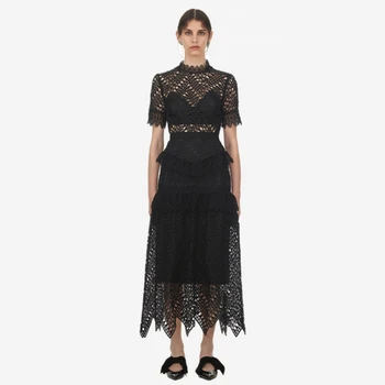 

Women Dress 2019 New Vintage Women's Black Ruffles Lace Short Sleeve Dress Sexy Hollow Out Long Dress Vestidos