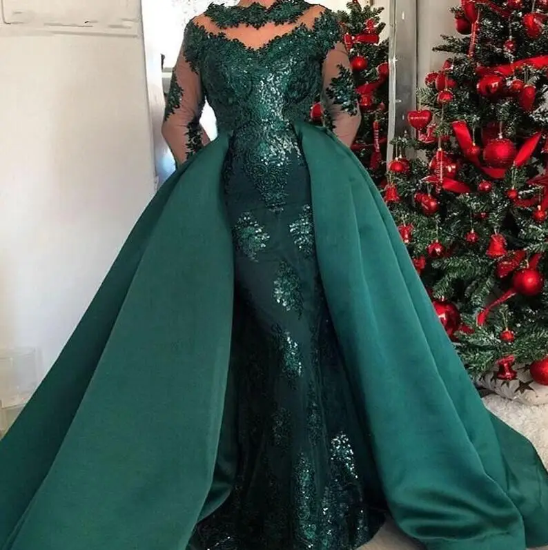 Custom Made Dark Green Long Sleeves Evening Dresses with Detachable Skirt 2018 Caftan Arabic Lace Applique Prom Dress Party Gowns