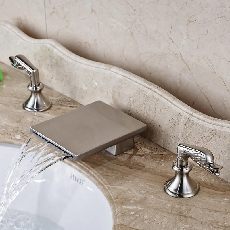 Brushed Nickel Waterfall Basin Faucet Deck Mount Widespread Wash Basin Stainless Steel Mixer Taps