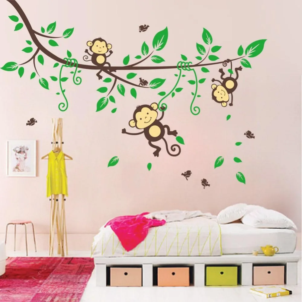 Kartun Monyet Nakal Monyet Wall Sticker Bayi Di Hutan Dinding Decal
