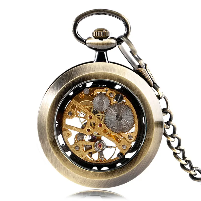 Горячий подарок стимпанк прозрачные ветряные карманные часы Медь ручной обмотки классический механический кармашек для часов цепь унисекс подвеска