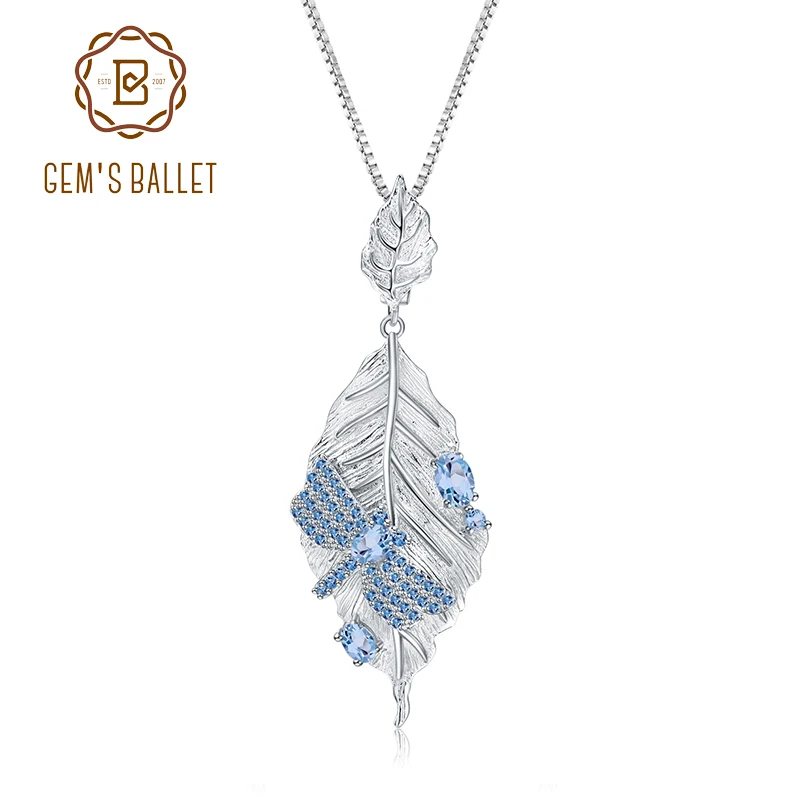 

GEM'S BALLET 925 Sterling Silver 0.78Ct Natural Swiss Blue Topaz Handmade Long Leaves Pendant Necklace for Women Bijoux