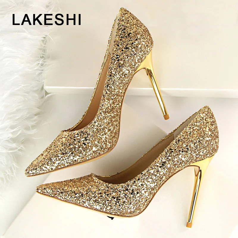 

LAKESHI Women Pumps Bling Fashion High Heels Sexy Women Shoes Gold Ladies Shoes Women High Heels Summer Wedding Shoes