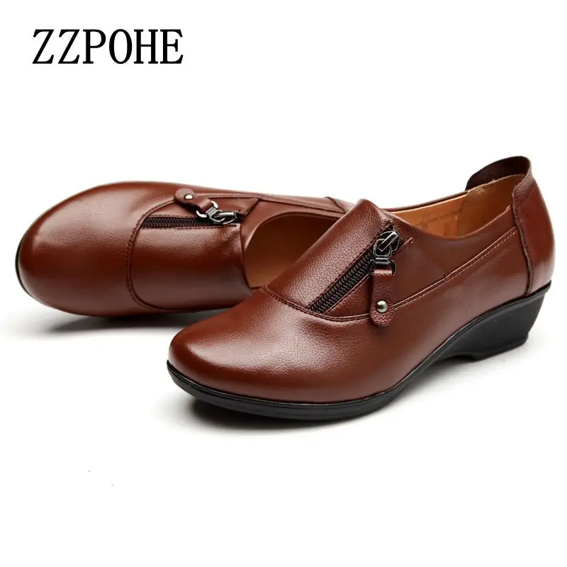 

ZZPOHE Spring Fashion leather women shoes mother slope soft bottom anti-slip comfortable middle aged casual shoes Plus Size42 43
