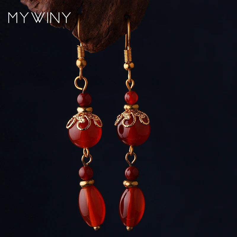 MYWINY винтажные этнические длинные висячие серьги Красные Каменные Бусы для