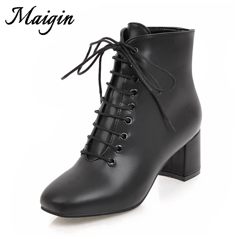 Maigin Lace-up Ankle Women Boots Round Toe Block Heels Ladies Booties 2018 Black Leather Footwear NewHigh Heels Female Shoes