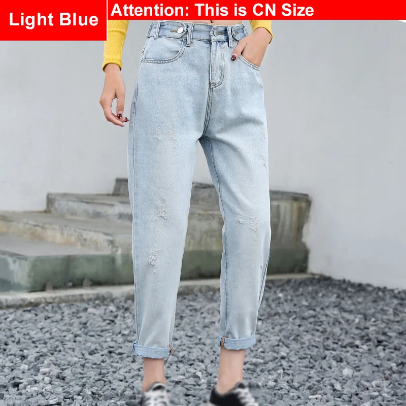 Light Blue Женские винтажные Капри-шаровары Boyfriend больших размеров белого и синего цвета, 5Xl, 7Xl, эластичный пояс, светильник, Синие рваные джинсы длиной до щиколотки - Цвет: Light Blue