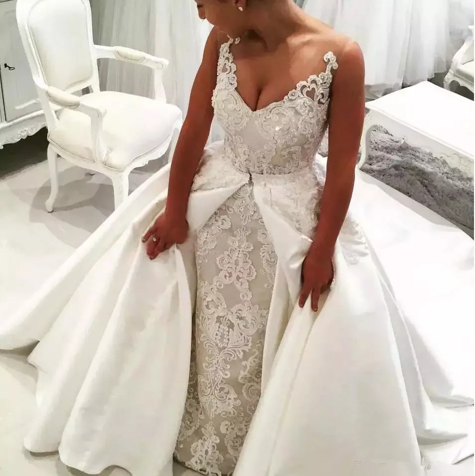 

Robe De Mariage Bridal Gowns Sexy Lace Backless Turkey satin detachable Tail Vintage Lace Mermaid Wedding Dress 2019