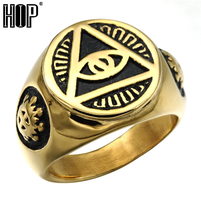 

HIP Punk Gothic Gold Color Titanium Stainless Steel Biker Illuminati Pyramid Eye Symbol Rings for Men Jewelry