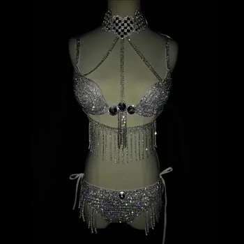 

Silver Shining Rhinestone Bikini Outfit Women Sexy Party Costumes Bra Short Silver Bikinis Stage Dance Nightclub Dancewear DJ DS