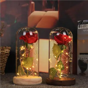 

Eternal Red Rose in a Glass Dome on a Wooden Base Artificial Rose Decorative Flower for Wedding Party Decorations