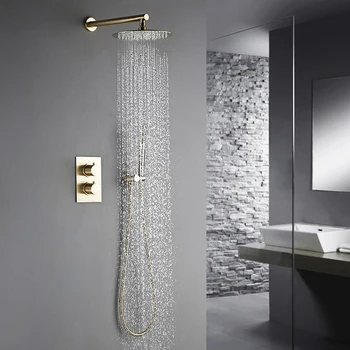 Thermostatic Brushed Gold Rainfall Shower Mixer Set