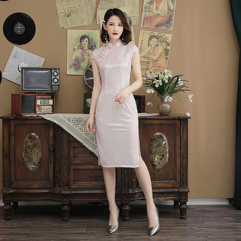 

Lace Flower Mesh Sexy Elegant Qipao Vintage Flower Cheongsam Novelty Slim Short Sleeve Vintage Mandarin Collar Qipao Size M-3XL