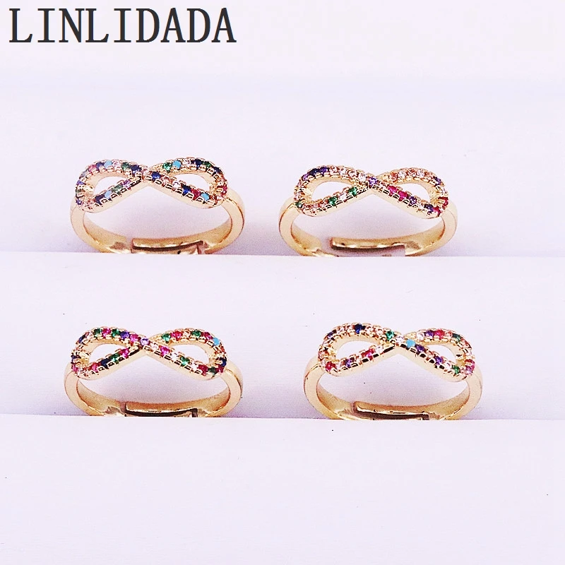 

8Pcs Fashion Engagement Unique Finger Ring, Gold Color Rainbow Multi CZ Micro Pave Female Adjustable Rings
