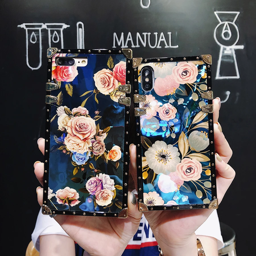 

For iphone XS MAX XR 7 8 plus X 6 6s plus case cover luxury Retro blue ray rose flower relief soft Acrylic protective phone bag