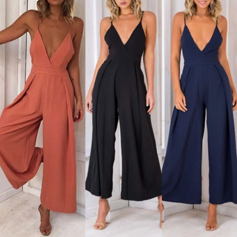 

Women Jumpsuit Solid Color V Neck Sleeveless Backless Rompers Ladies Evening Party Clubwear Femme Casual Summer Clothes