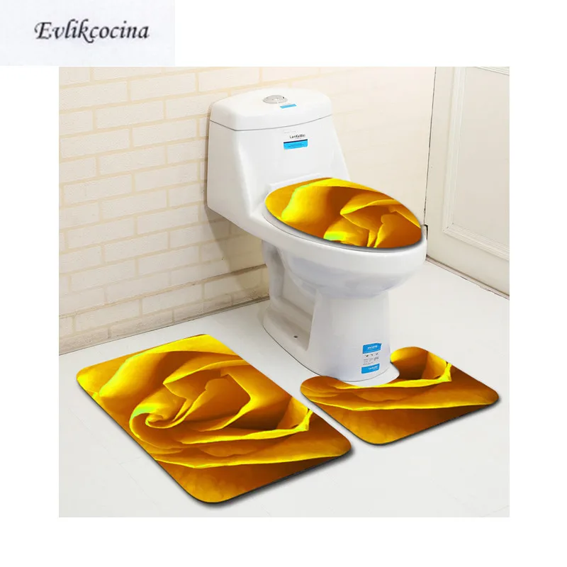 Free Shipping 3pcs Yellow Rose Banyo Bathroom Carpet Toilet U Type Bath