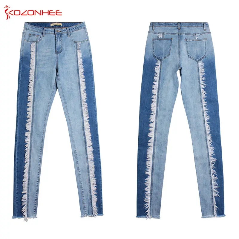 Women Stretch White tassels Jeans With High Waist Elasticity Plus Size Pencils Splice Denim Pants Casual Jeans For Girls