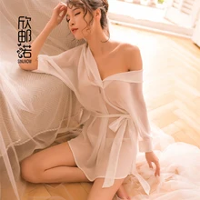 Женская сексуальная шифоновая рубашка, средний рукав, перспективная Пижама с поясом, белая сексуальная пижама, свободный рукав, домашняя одежда размера плюс