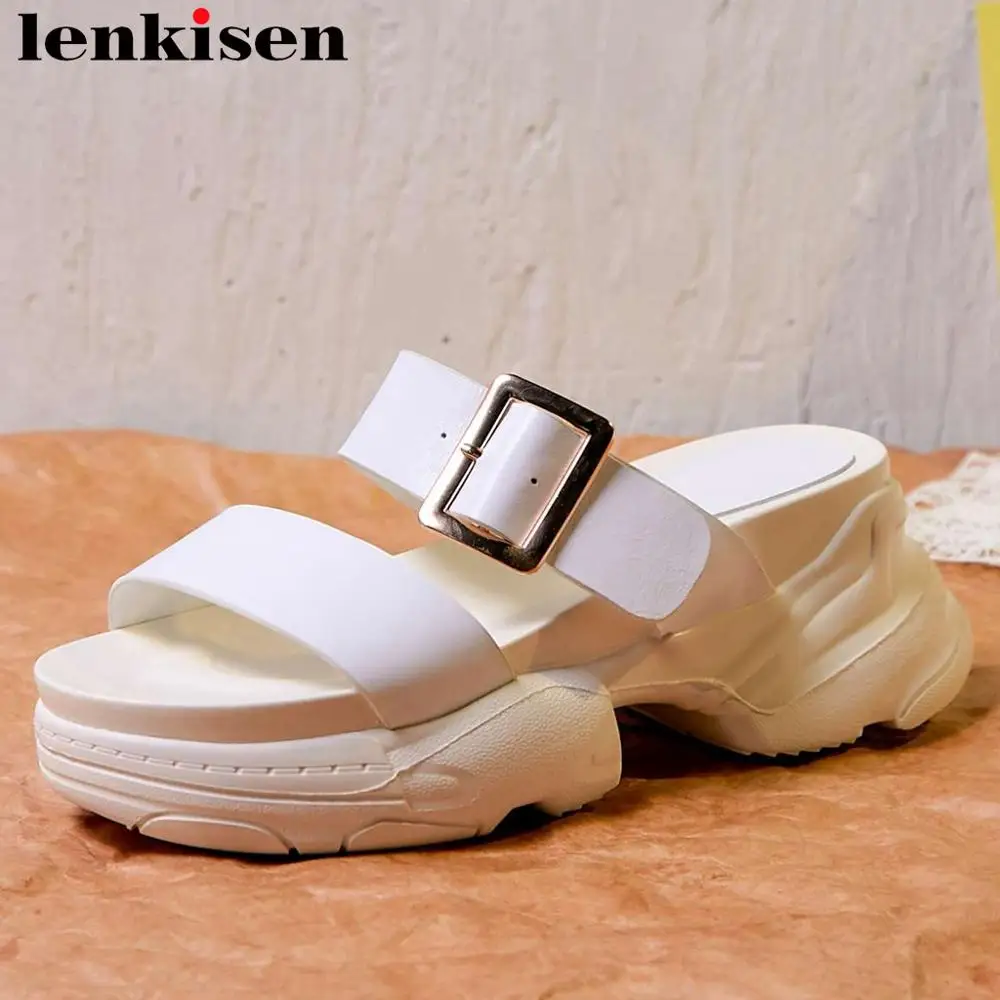 

Lenkisen real cow leather slip on vintage buckle high bottom platform slip on mules peep round toe summer superstars shoes L18