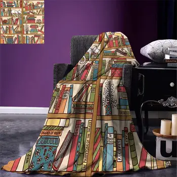 

Cat Throw Blanket Nerd Book Lover Kitty Sleeping Over Bookshelf in Library Academics Feline Cosy Boho Design Warm Microfiber