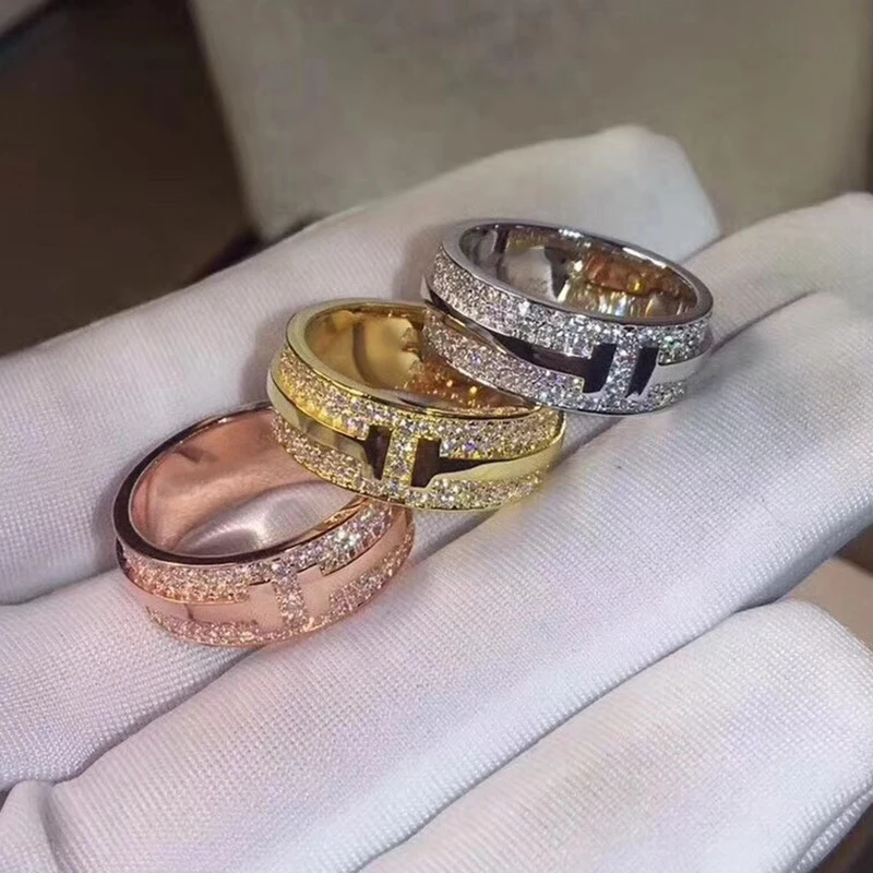 

Hot sell Brand Pure 925 Sterling Silver Jewelry For Women Wedding Rings Gold Color Jewelry Big Wide Grid T Rings Top Quality