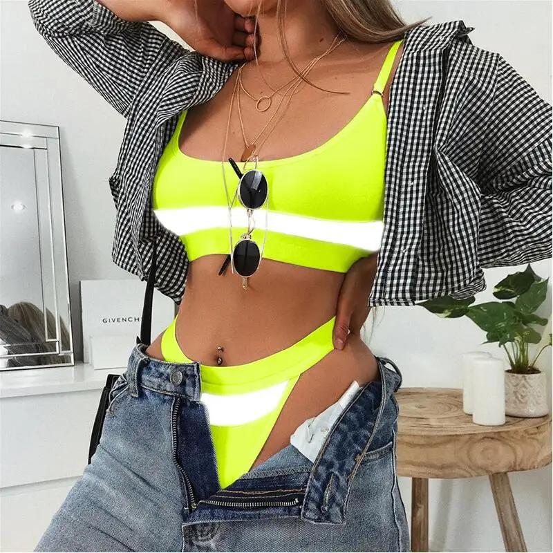 

reflective patchwork spaghetti straps camis panties 2 pieces set 2019 summer women fashion neon green holiday party