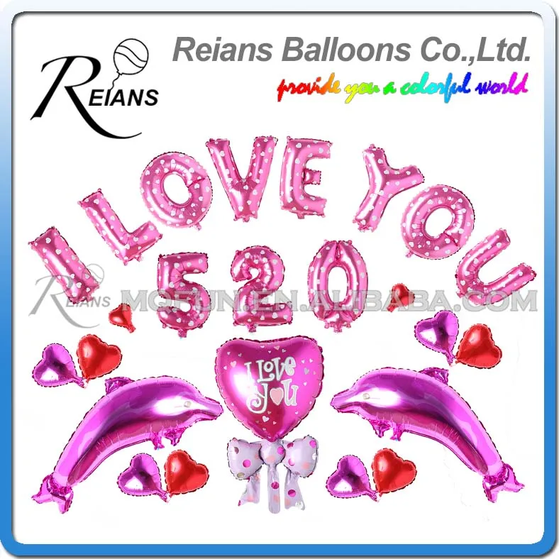 

50 Sets Reians Cartoon Pink I LOVE UYOU 520 dolphin Wedding Party Decoration Letter Number Helium Air Aluminum Foil Balloons Set
