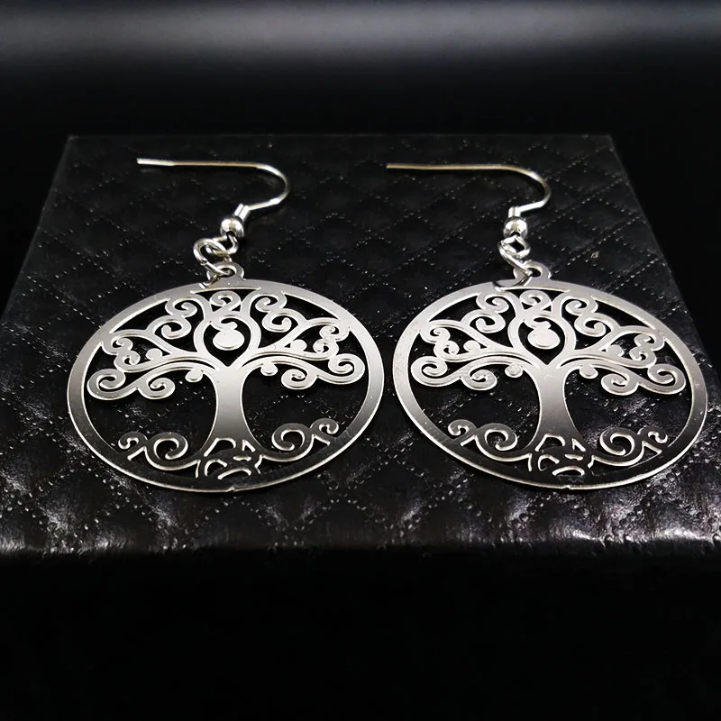 Серебряные серьги-капли из нержавеющей стали «Древо жизни» для женщин, круглые серьги для женщин, ювелирные изделия aretes de mujer E612144