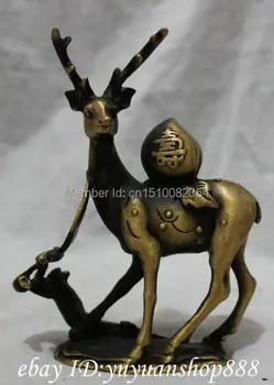 

Folk Chinese Bronze Longevity Shou Peach Sika Deer Statue Animals Sculpture